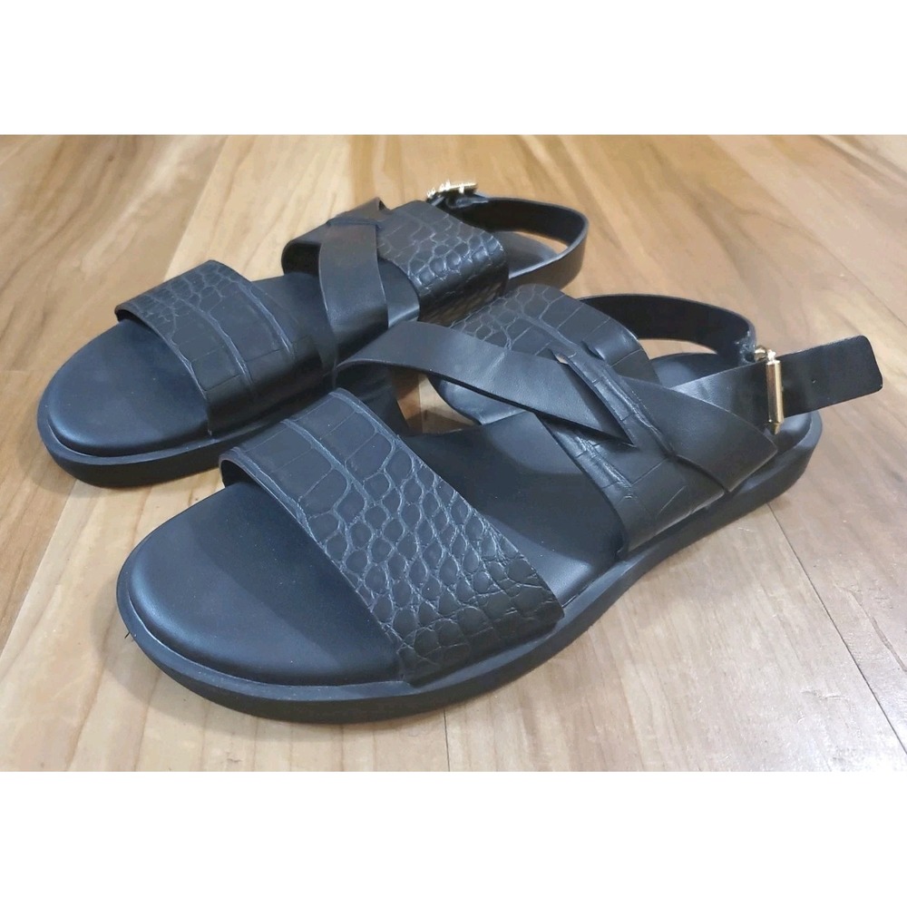 ZARA Black Mock Croc Cross Strap Flat Sandals Women's Size 39 EU 8 US